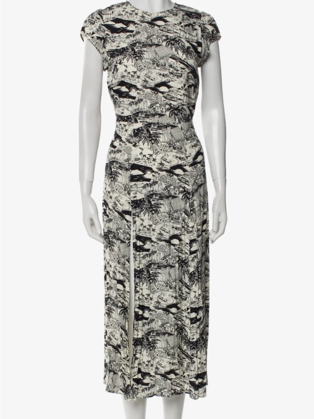 Reformation Size 6 Women's Black & White Print Cap-Sleeve Midi Dress